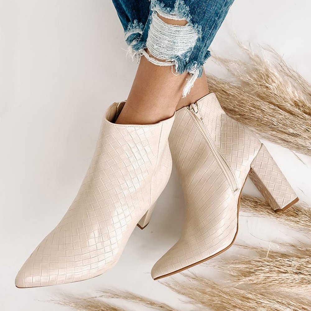 NEW🔥 Ivory Braided Weave Woven Ankle Boot Booties Closed Pointy Toe Block Heel - Picture 2 of 9
